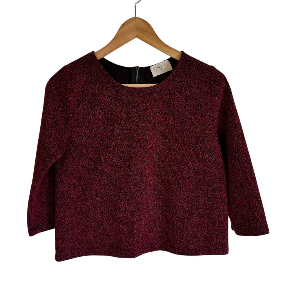 EVERLY Textured Crop Top 3/4 Sleeve Burgundy Red Blouse Career Casual S